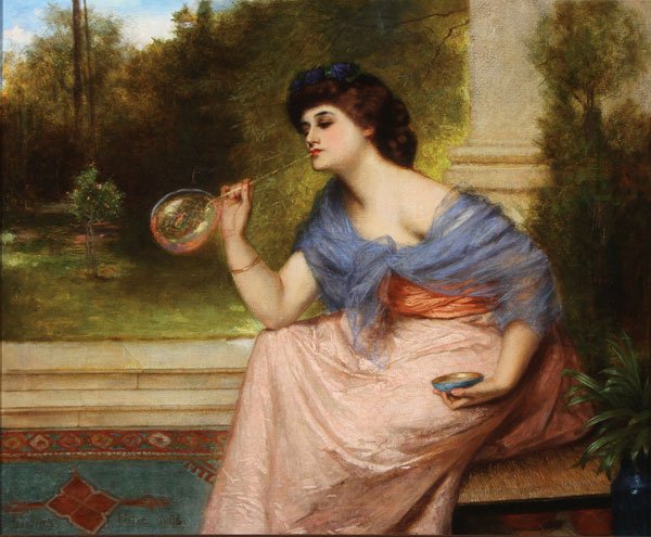 ORIGINAL GUSTAV POPE, DATED 1896: GUSTAV POPE(British 1831-1910) Blowing Bubbles - 1896 Oil on canvas Signed lower left and dated 21 inches x 25 inches (55.8 x 66 cm)