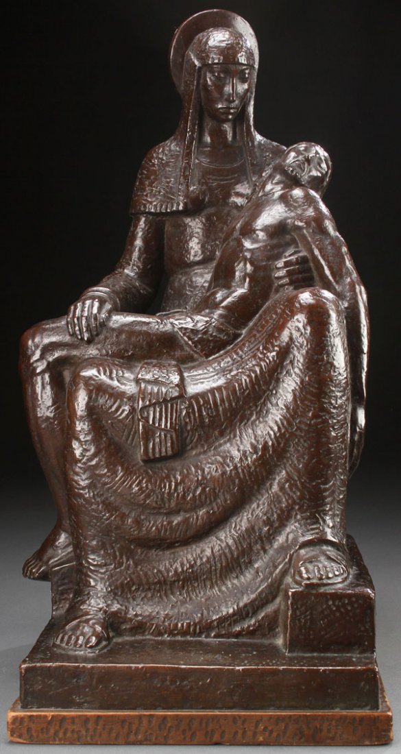 LARGE BRONZE PIETA SIGNED & DATED 1937: PEDRO TENTI(Argentinian 1881-1963) The Pieta - 1937 Bronze with brown patina Inscribed on base "P. Tenti" and "BA 1937" with foundry mark of H. CAMPAJOLA Buenos Aires Height of bronze 22.5 inches (56.