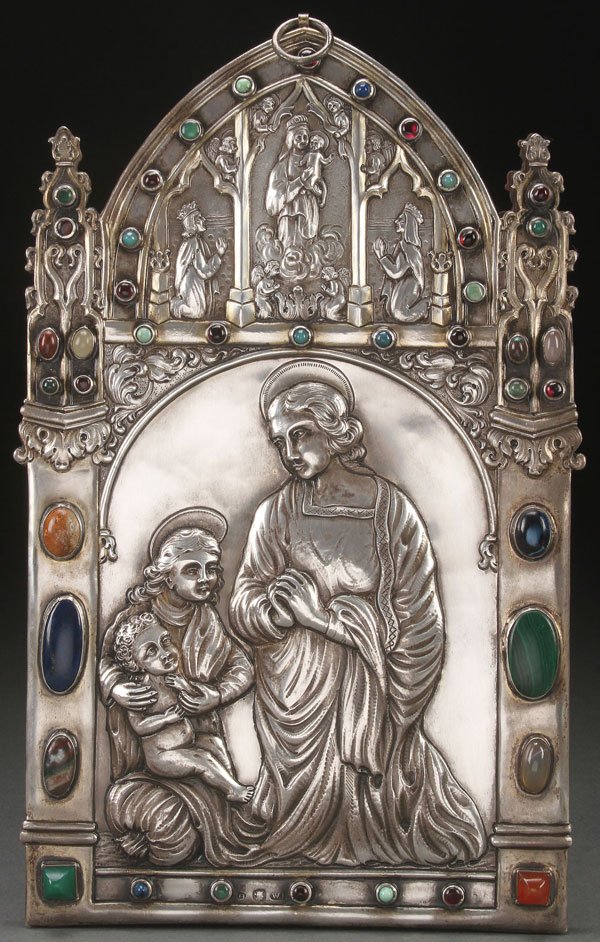 SILVER GOTHIC GEM SET PLAQUE,VIRGIN & CHILD, MARKED: AN INTERESTING SILVER REPOUSSÉ AND GEMSTONE MOUNTED PLAQUE OF THE VIRGIN AND CHILD, PROBABLY GERMAN, PERHAPS HANAU, 19TH CENTURY. At center, within an arched reserve, the Virgin kneeling before the I