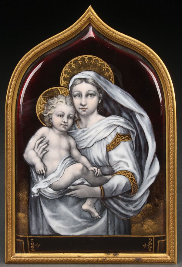 LIMOGES ENAMEL VIRGIN & CHILD, 19TH C: A VERY FINE FRENCH LIMOGES PLAQUE OF THE VIRGIN AND CHILD, 19TH CENTURY. An exquisitely rendered Limoges enameled plaque of the Virgin and Child after Raphael contained in a gilt Gothic arched metal f