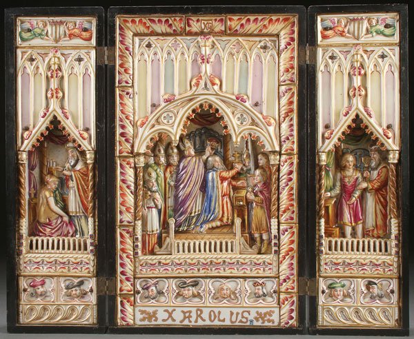 LARGE RARE CAPO-DI-MONTE TRIPTYCH C. 1890: A LARGE AND IMPRESSIVE CAPO-DI-MONTE PORCELAIN TRIPTYCH, CIRCA 1890. The colorful painted porcelain triptych set in three hinged wood frames, the central section depicting the coronation of King Char