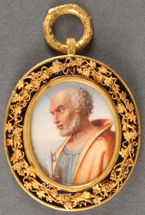 RARE POPE PIUS IX PRESENTATION PENDANT 1862: A RARE POPE PIUS IX PRESENTATION GILDED SILVER, ENAMEL AND HAND PAINTED CASED PENDANT, 1862. The gilded silver oval pendant frame with royal blue enameled inner border overlaid with gilded silver fili