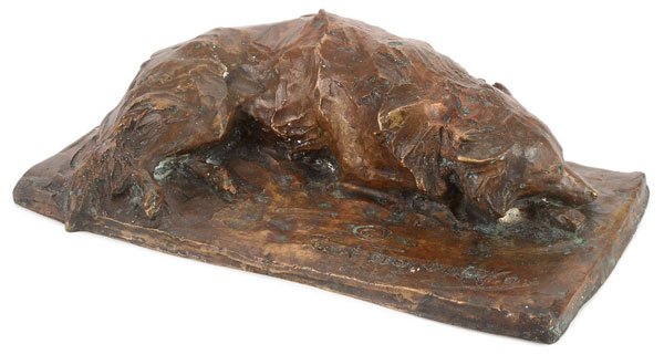 RUSSIAN BRONZE BY TROUBETZKOY, 20TH C.: PRINCE PAUL TROUBETZKOY(Russian 1866-1938) Resting Hound - 20th century Bronze with brown and verdigris patina Bears inscription on base "Paul Troubetzkoy," date of 1915 and stamped "ROMAN BRONZE WORK