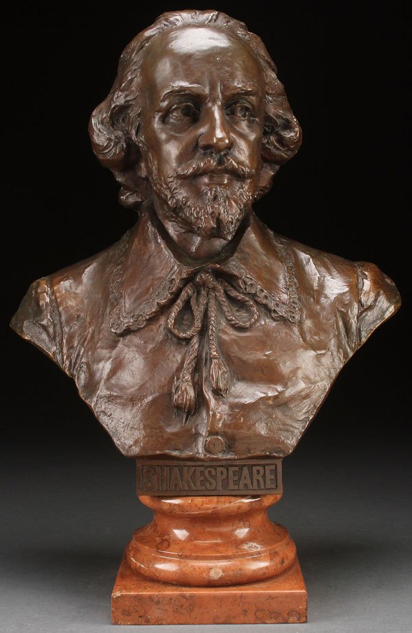 BRONZE BUST OF SHAKESPEARE: HANS MÜLLER(Austria 1873-1937) A Bust of Shakespeare Bronze with dark brown patina on marble pedestal Inscribed on shoulder "H. MÜLLER" Overall height 19.5 inches (49.5 cm)