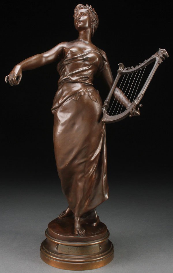 LARGE FRENCH BRONZE BY DEBUT: MARCEL DEBUT(French 1865-1933) Saint Cecile - 1899 Bronze with dark brown patina Inscribed on base and with engraved title plaque dated 1899 Height 19.5 inches (49.5 cm)