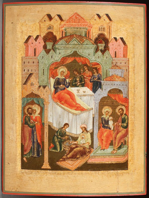 A FINE RUSSIAN ICON, PALEKH, 19TH CENTURY: A VERY FINE RUSSIAN ICON OF THE BIRTH OF THE MOTHER OF GOD, PROBABLY PALEKH, 19TH CENTURY. The large and impressive rendering depicting the reclining Mother of the Virgin Anna, at center attended by h