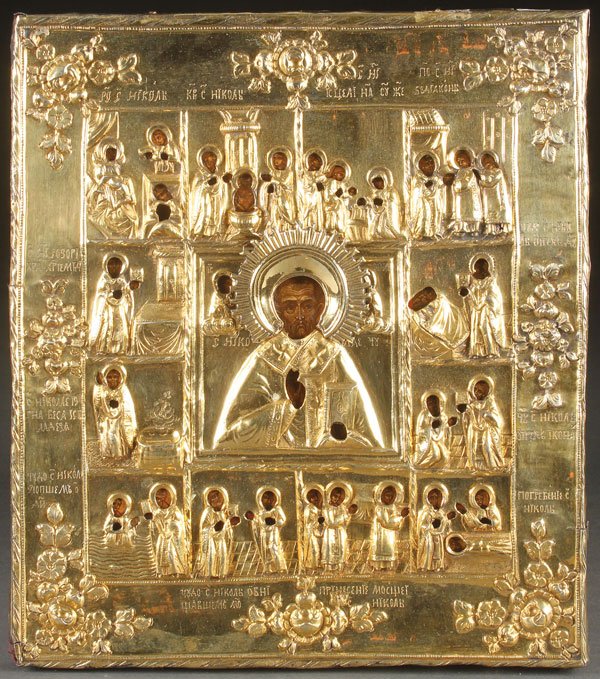 RUSSIAN ICON, ST NICHOLAS AND LIFE SCENES: A RUSSIAN ICON OF ST. NICHOLAS WITH LIFE SCENES. At center of the contemporarily painted icon is St. Nicholas delivering a blessing and holding a Book of Gospels and surrounded by 12 scenes from his l