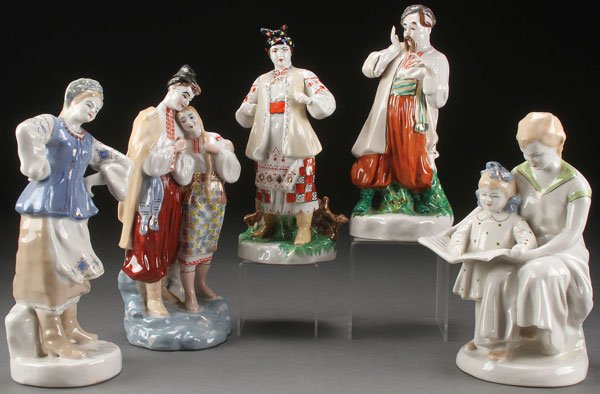 GROUP OF 5 RUSSIAN SOVIET PORCELAIN FIGURINES: A GROUP OF FIVE RUSSIAN SOVIET PORCELAIN FIGURINES, SECOND HALF OF THE 20TH CENTURY. Comprising a dancing country girl, a Ukranian peasant couple, a village woman and inebriated husband, and a mother 