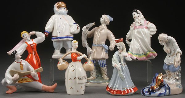 GROUP OF 4 RUSSIAN SOVIET PORCELAIN FIGURINES: A GROUP OF SEVEN RUSSIAN SOVIET PORCELAIN FIGURES, SECOND HALF OF THE 20TH CENTURY. Comprising a variety of different people and subjects and with various marks, losses. Greatest height 8 inches (20.5
