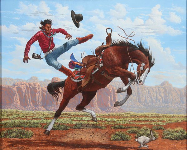 NATIVE AMERICAN PAINTING BY ROBERT BECENTI: ROBERT BECENTI, JR.(Native American 1949-2001) Scared Off by a Rabbit Oil on canvas Signed lower left 16 inches x 20 inches