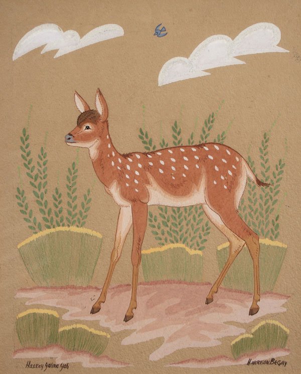 NATIVE AMERICAN PAINTING BY HARRISON BEGAY: HARRISON BEGAY(Native American 1914-2012) Spring Fawn Watercolor and gouache on paper Signed lower left "Haskay Yahne Yah" and lower right "Harrison Begay" 10 inches x 14.5 inches