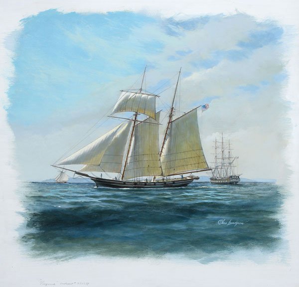 CHARLES LUNDGREN MARINE PAINTING: CHARLES LUNDGREN(American 1911-1988) U.S.S. Virginia Oil on Masonite Signed lower right "CHAS LUNDGREN" 20.6 inches x 21.75 inches