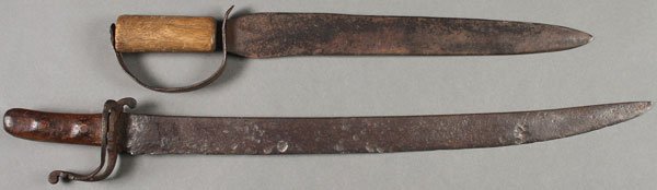 PAIR OF CIVIL WAR OR PERIOD EDGED WEAPONS: A PAIR OF CIVIL WAR OR CIVIL WAR PERIOD EDGED WEAPONS. Comprising a classic D-guard Bowie knife with spear point, made form file steel, consistent even overall patina. Overall length 19 inches (48 cm)