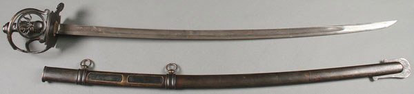 NAPOLEONIC IMPERIAL GUARD STYLE SWORD: A NAPOLEONIC HORSE GRENADIERS OF THE IMPERIAL GUARD STYLE SWORD. The elaborate basket style hilt with finely crafted flaming bomb and wire wrapped grip set with slightly cured blade with fuller, the s
