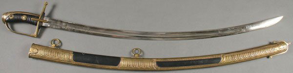 AN AUSTRO-HUNGARIAN STYLE HUSSARS SABER: AN AUSTRO-HUNGARIAN STYLE HUSSARS SABER. With leather wrapped wood grip and D-Guard hilt set with a slightly curved polished tapering blade with engraved fuller in Latin ‘’Andreas comes Hadik Gene