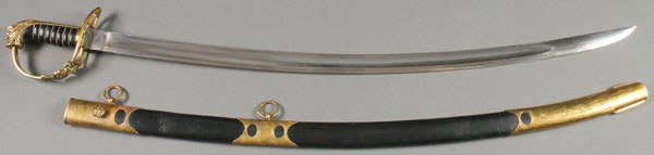 AN 1803 STYLE BRITISH INFANTRY OFFICERS SWORD: AN 1803 STYLE BRITISH INFANTRY OFFICERS SWORD. D-Guard hilt modeled with cypher of the British Crown, black leather wire-wrapped ribbed grip with Lionhead pommel set with slightly curved tapering pol