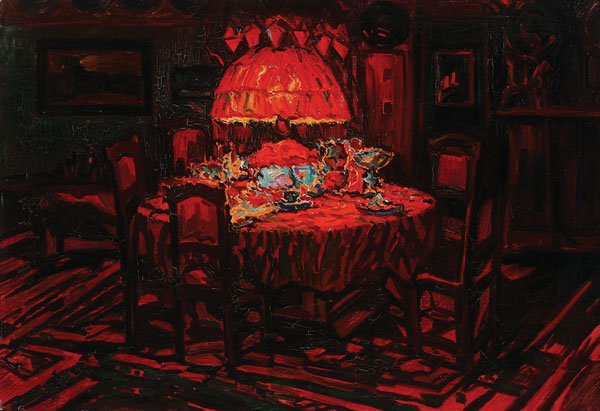 PAINTING OF INTERIOR SCENE BY OTTO HAMEL: OTTO HAMEL(German 1866-1950) Interior Scene with Dining Table and Red Lamp Oil on canvas Unsigned, label on varso namimg to Hamel 27.75 inches x 39.5 inches (69.9 x 100.3 cm)