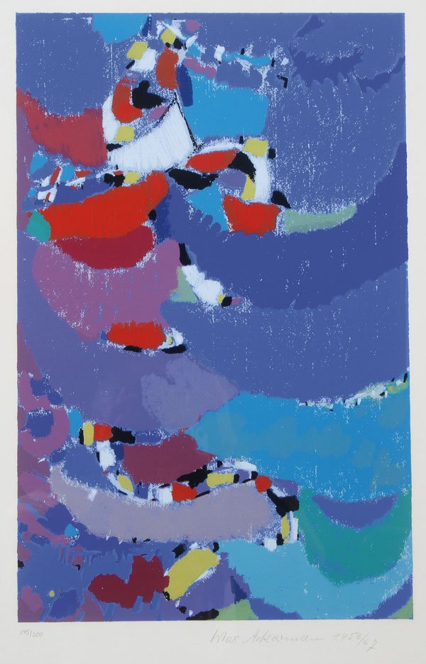 MAX ACKERMANN SIGNED SILKSCREEN: MAX ACKERMANN(German 1887-1975)Abstract Compostition Color silkscreenSigned and dated 1956/67 lower right and numbered 195/200 lower left18.9 inches x 12.2 inches (72 x 53 cm)