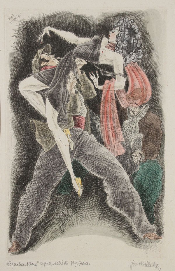 BURLESQUE ETCHINGS BY KURT HILSCHER: A GROUP OF SIX COLOR ETCHINGS BY KURT HILSCHER (GERMAN 1904-1981). With aquatint, burlesque dance scenes, each signed in pencil, 9.6 inches x 6.2 inches (24 x 15.75 cm).