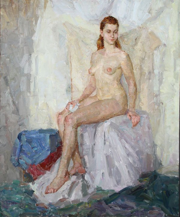 PAIR OF RUSSIAN FEMALE NUDE OIL PAINTINGS: ALINA SEMENENKO(Ukrainian 20th century) A Seated Female Nude and a Standing Female Nude - a pair Oil on canvas Both signed in Cyrillic script on verso and one titled "Vika", the other titled "Nude" 47