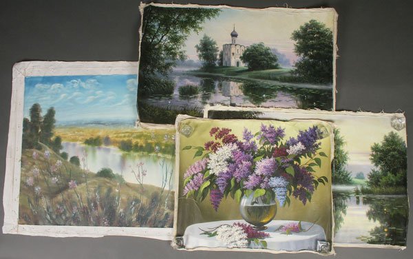 SIX ORIGINAL RUSSIAN SOVIET OIL PAINTINGS: A GROUP SIX ORIGINAL RUSSIAN SOVIET OIL PAINTINGS, CIRCA 1995-2000. Comprising two landscapes, three still lifes and a landscape with monastery. Each oil on canvas, each artist signed and dated, all u