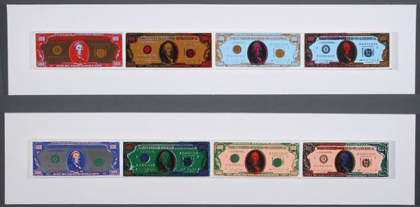 TWO SIGNED SCREENPRINTS BY STEVE KAUFMAN: A PAIR OF WORKS BY STEVEN KAUFMAN (American 1960-2010). Comprising Cash Flow (Red Gold) and Cash Flow (Blue Green). Both screenprint on canvas and both initialed and numbered on verso “SAK 26/19