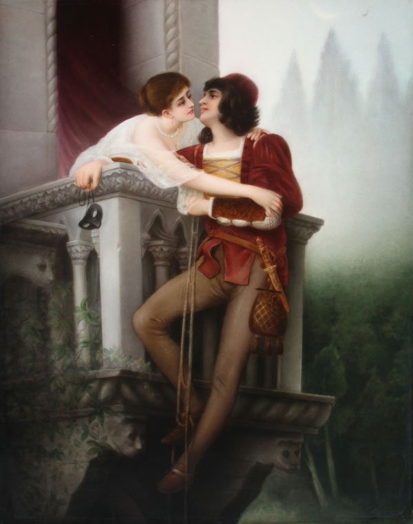 LARGE KPM WAGNER SIGNED PORCELAIN PLAQUE: A LARGE AND FINE KPM WAGNER SIGNED HAND PAINTED PORCELAIN PLAQUE, 19TH CENTURY, “ROMEO AND JULIET”. Depicting the amorous couple on a stone balcony, signed lower right Wagner, the verso impressed