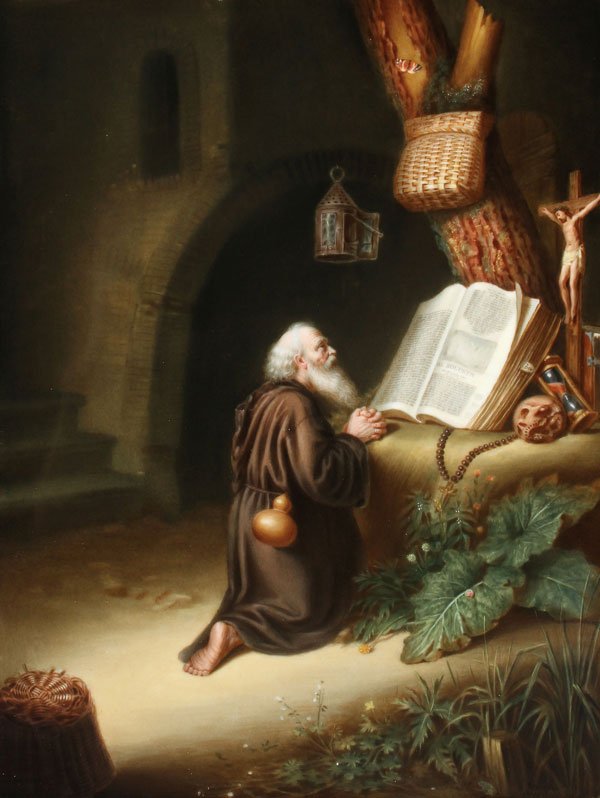 FINE KPM HAND PAINTED PORCELAIN PLAQUE: A FINE KPM HAND PAINTED PORCELAIN PLAQUE, LATE 19TH CENTURY. "A Monk at Prayer", signed lower right “Sturm Dresden”, the verso impressed “KPM” with scepter mark. The porcelain 10 inches x 7.5