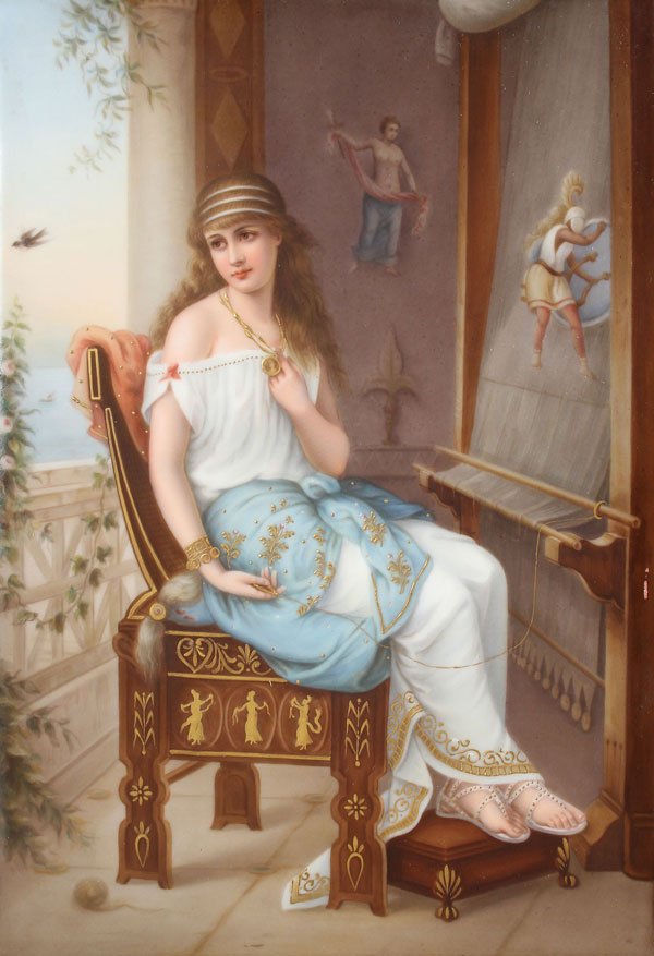 FINE KPM HAND PAINTED PORCELAIN PLAQUE: A VERY FINE KPM HAND PAINTED PORCELAIN PLAQUE, CIRCA 1900. "Captive", depicting a seated classical beauty, accented in raised gilt enamel. The verso impressed “KPM” with scepter and inscribed “