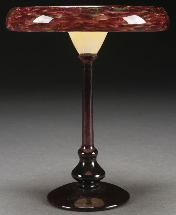 A SCARCE SCHNEIDER FRENCH ART GLASS COUPE: A SCARCE SCHNEIDER FRENCH ART GLASS COUPE, 1922-1925. In gray colored glass, internally decorated with lemon yellow and amethyst mottle, raised on an elongated stem with flared foot rim. Acid etched �