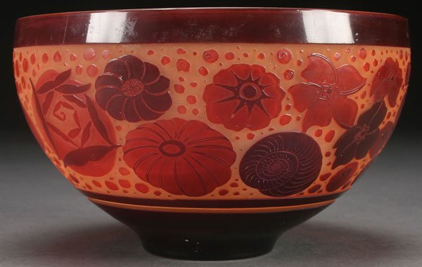 A PAUL NICOLAS FRENCH CAMEO ART GLASS BOWL: A PAUL NICOLAS FRENCH CAMEO ART GLASS BOWL, EARLY 20TH CENTURY. In peach colored glass, overlaid with rose amethyst, cut with the design of stylized rosette blossoms and shell forms. Signed in cameo �