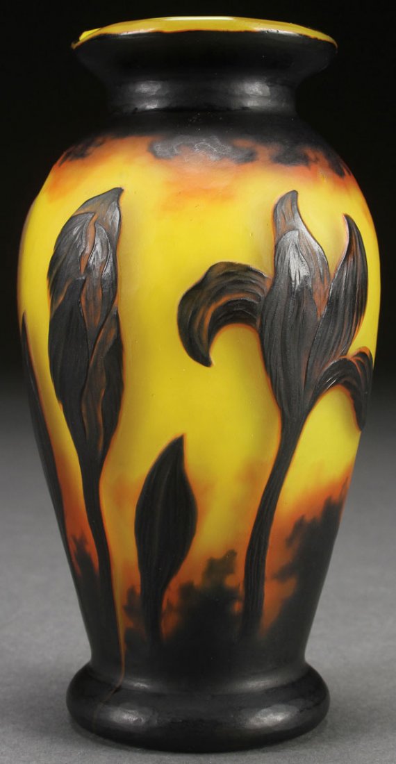 A FRENCH CAMEO ART GLASS VASE, EARLY 20TH C: A FRENCH CAMEO ART GLASS VASE, EARLY 20TH CENTURY, POSSIBLY BY MULLER. Of ovoid form with inverted rim in lemon colored opalescent glass, overlaid with peach and amethyst and wheel carved with the des