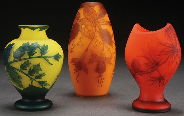 A THREE PIECE GROUP OF LOETZ CAMEO GLASS VASES: A THREE PIECE GROUP OF LOETZ CAMEO GLASS VASES, EARLY 20TH CENTURY. In lemon, pumpkin and orange colored glass, each with floral decoration. The first signed “RICHARD”, the second signed “LOETZ
