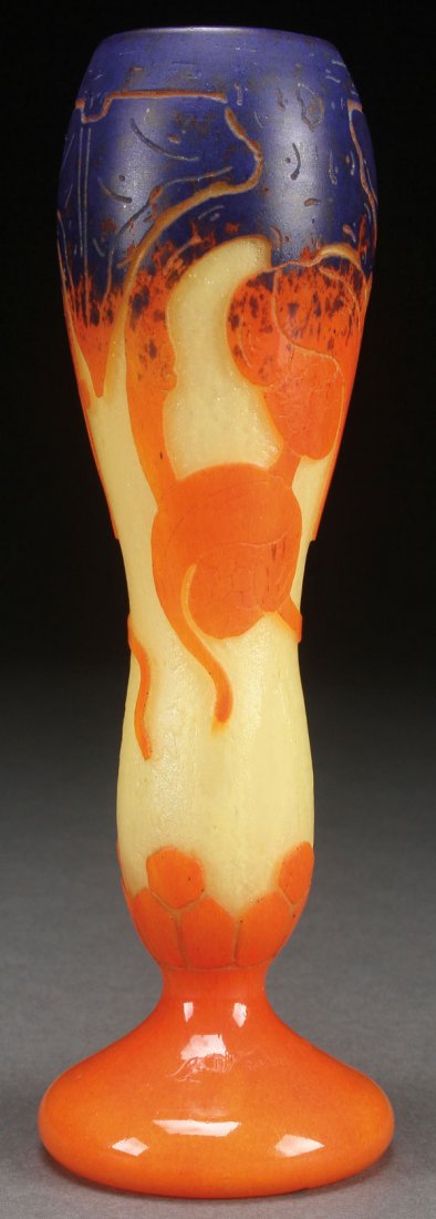 LE VERRE FRANCAIS “HOUBLON” FRENCH CAMEO VASE: A LE VERRE FRANCAIS “HOUBLON” FRENCH CAMEO ART GLASS VASE, EARLY 20TH CENTURY. In mottled lemon colored glass, overlaid with orange and cobalt, cut with a design of stylized florals. Inscribed on 