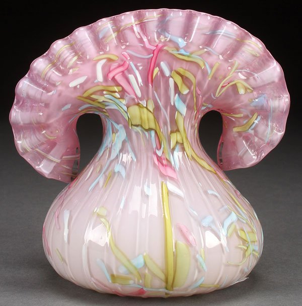 A KRALIK “PELOTON” BOHEMIAN ART GLASS VASE: A KRALIK “PELOTON” BOHEMIAN ART GLASS VASE, LATE 19TH CENTURY. In shaded pink opal glass with “shredded coconut” decoration. Height 4.75 inches (12 cm).
