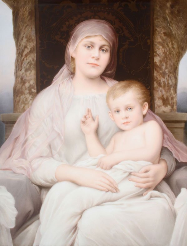A GOOD KPM HAND PAINTED PORCELAIN PLAQUE: A GOOD KPM HAND PAINTED PORCELAIN PLAQUE, CIRCA 1900, MADONNA AND CHILD. The verso embossed “KPM” with scepter and inscribed “Madonna by Marx”. 9.75 inches x 7.5 inches (24.7 x 19 cm).