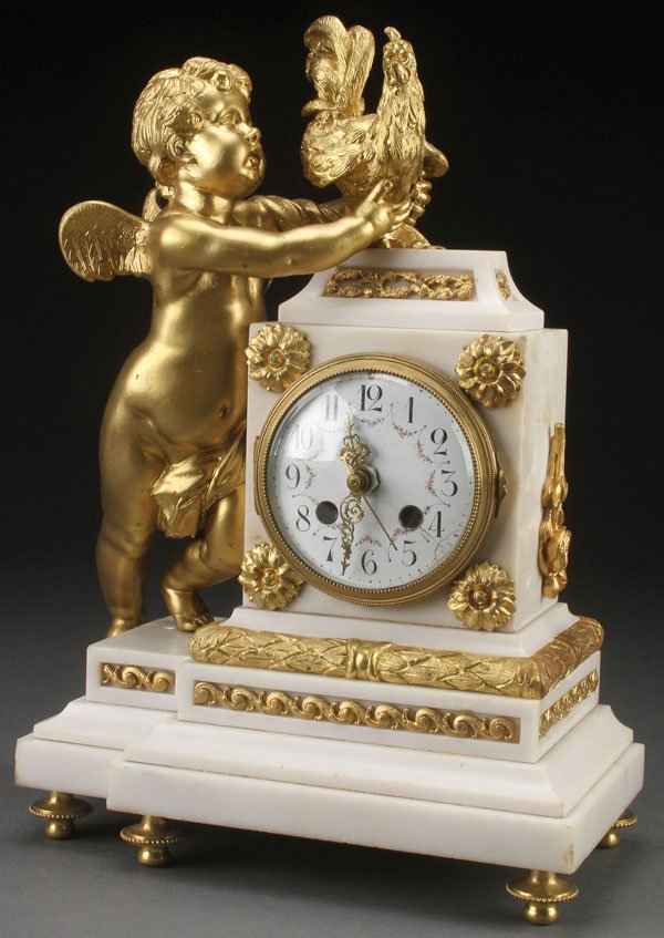 LOUIX XVI STYLE GILT BRONZE & MARBLE SHELF CLOCK: A LOUIS XVI STYLE GILT BRONZE AND MARBLE SHELF CLOCK, 19TH CENTURY. Of rectangular form with sculpted figure of a winged cherub and cockerel, the movement replaced with later electric. Height 14.75 in