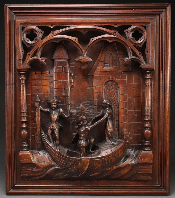 AN ITALIAN CARVED WALNUT “VENETIAN THEME” PANEL: AN ITALIAN CARVED WALNUT “VENETIAN THEME” FIGURAL PANEL, LATE 19TH CENTURY. The scenic carving in deep extending relief depicting a gondola with oarsman and a romantic couple against an architectu