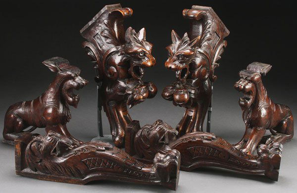 3 PAIRS OF NORTHERN ITALIAN FIGURAL CARVED BRACKETS: THREE PAIRS OF NORTHERN ITALIAN FIGURAL CARVED WALNUT BRACKETS, LATE 19TH CENTURY. Comprising a matching pair of seated lions, a matching pair of figural lions with fruit clusters and claw feet and a