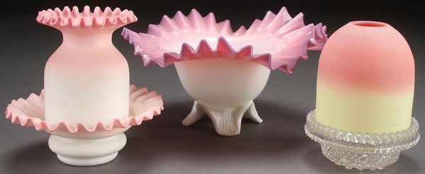 A THREE PIECE GROUP OF VICTORIAN ART GLASS.: A THREE PIECE GROUP OF VICTORIAN ART GLASS. Comprising a New England peachblow fairy lamp, a footed ruffled bowl with applied “raspberry” pontil and a Burmese fairy lamp with Clark’s base. Large