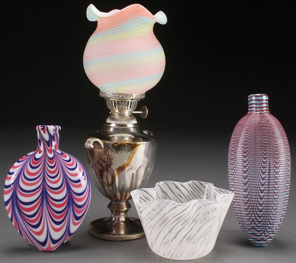 A FOUR PIECE GROUP OF ART GLASS, 19TH & 20TH CENTURY: A FOUR PIECE GROUP OF ART GLASS, 19TH/20TH CENTURY. Comprising a very fine Nailsea flask in blue bottle glass with white opaque drapery and overlaid cranberry threading, a red, white and blue Nailsea 