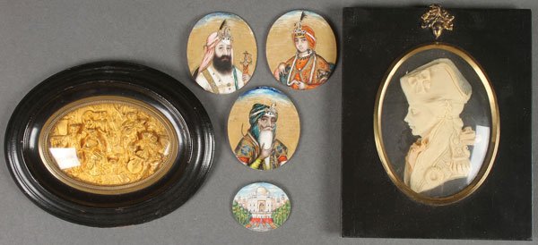 HAND PAINTED IVORY AND OTHER MINIATURES, 1900: HAND PAINTED IVORY AND OTHER MINIATURES, CIRCA 1900. Comprising a deep relief “Pinchbeck” glazed oval plaque depicting an interior parlor setting with musicians, three hand painted Mughal portrait