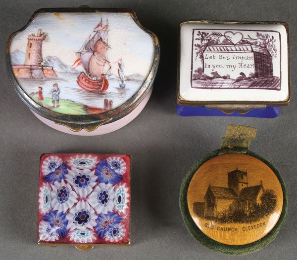 A PAIR OF EARLY BATTERSEA ENAMELED BOXES, 19TH C: A PAIR OF EARLY BATTERSEA ENAMELED BOXES, 19TH CENTURY. One with coastal scene of ships and one with an enameled remembrance “Let this impart to you my heart”. Together with a close pack canes gla