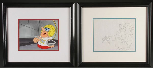 4 ORIGINAL ADVERTISING CARTOON PRODUCTION CELS,: FOUR ORIGINAL ADVERTISING PRODUCTION CELS, LATE 20TH CENTURY. Comprising a Barney (Fruity Pebbles), a “Sugar Bear” (Super Sugar Crispy Cereal), a Honey Nut Cheerios Bee (includes pencil drawing) a