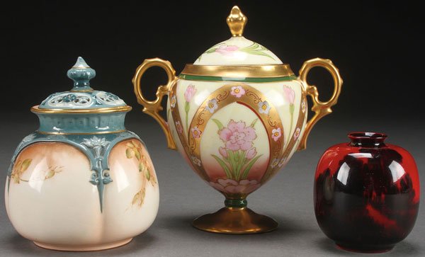 A PICKARD, ROYAL DOULTON AND HADLEY PORCELAIN GROUP: A PICKARD, ROYAL DOULTON AND HADLEY PORCELAIN GROUP. Comprising a small Royal Doulton flamb cabinet vase, a very fine Pickard hand painted sugar and a Hadley’s Worcester lidded potpourri (cover repa