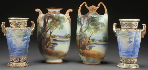 GROUP OF HAND PAINTED NIPPON SCENIC PORCELAIN: A FOUR PIECE GROUP OF HAND PAINTED NIPPON SCENIC PORCELAIN, EARLY 20TH CENTURY. Comprising two House in Meadow vases with raised enamel handles (blue maple leaf mark) and a pair of matching blue sceni