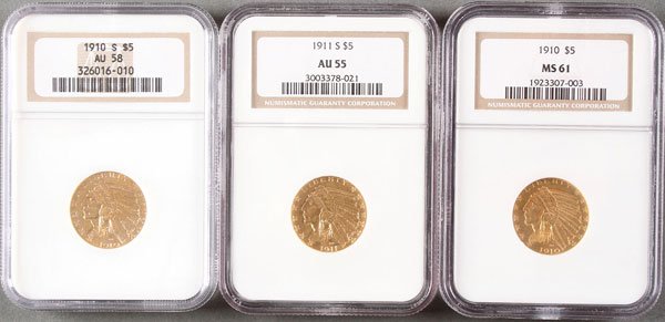 THREE U.S. $5 INDIAN GOLD PIECES.: THREE U.S. $5 INDIAN GOLD PIECES. Each NGC certified, comprising a 1910 MS61, 1910-S AU58 and 1911 AU55. IMPORTANT NOTICE: Sadly, due to the widespread criminal activity related to the purchasing of a