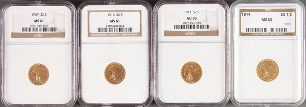 FOUR U.S. $2.50 INDIAN GOLD PIECES.: FOUR U.S. $2.50 INDIAN GOLD PIECES. Each NGC certified, comprising a 1909 MS61, 1910 MS61, 1911 AU58 and 1914 MS63. IMPORTANT NOTICE: Sadly, due to the widespread criminal activity related to the purc