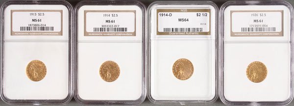 FOUR U.S. $2.50 INDIAN GOLD PIECES. Each NGC ce: FOUR U.S. $2.50 INDIAN GOLD PIECES. Each NGC certified, comprising a 1913 MS61, 1914 MS61, 1914-D MS64 and 1926 MS61. IMPORTANT NOTICE: Sadly, due to the widespread criminal activity related to the pu