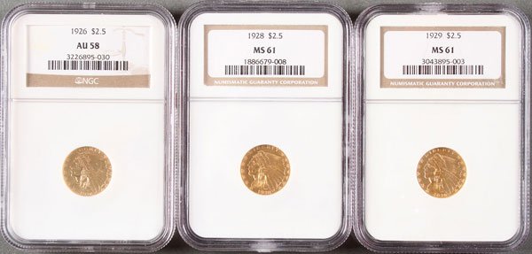 THREE U.S. $2.50 INDIAN GOLD PIECES.: THREE U.S. $2.50 INDIAN GOLD PIECES. Each NGC certified, comprising a 1926 AU58, 1928 MS61 and 1929 MS61. IMPORTANT NOTICE: Sadly, due to the widespread criminal activity related to the purchasing of 